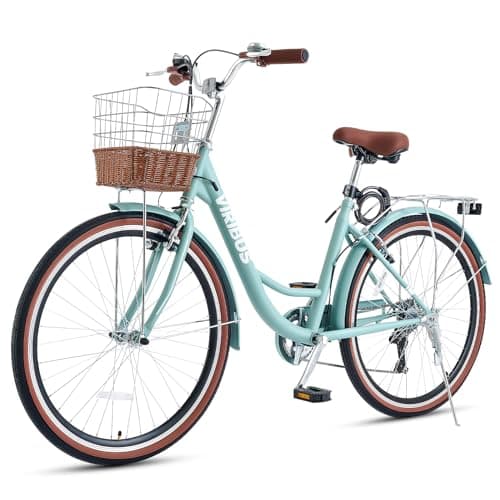 Image of Viribus Women’s 24 Inch 7 Speed Comfort Bike, Mint, City & Beach Cruiser with Rattan Basket & Steel Rack, Step Through Frame for Women Youth Adults, Blue