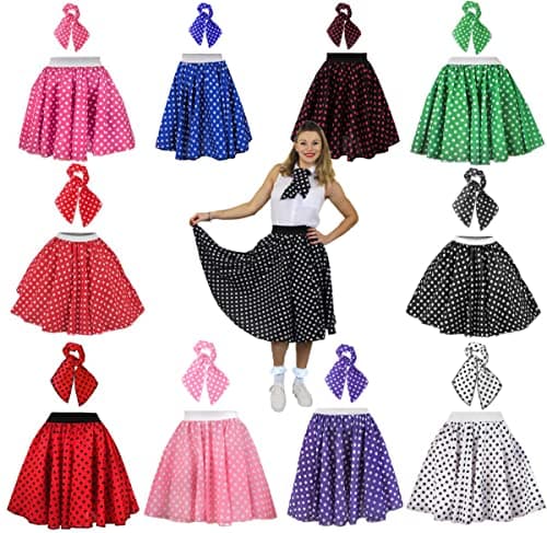 Image of Ladies Blue Skirt - Long Blue Skirt Covered in White Polka Dot Pattern - Matching Scarf - Perfect for 1950's & Dance Fancy Dress