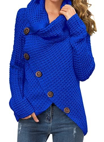 Image of GRECERELLE Women's Winter Jumpers Knit Warm Turtle Neck Wrap Asymmetric Hem Jumper Sweater Tops with Button for Ladies (Royal Blue, XL)