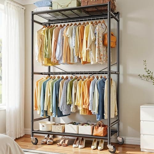Image of Cliporix 150kg Heavy Duty Clothes Rail with Wheels, 204cm Tall Clothes Rack with 2 Shelves & Adjustable Rods, Free-Standing Metal Clothes Rail, Black
