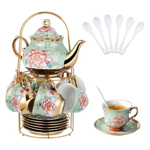 Image of Tea Cup Set with Metal Holder and Saucer,20PCS European Ceramic Tea Sets for Adults,Flower Tea Cup Saucer Set of 6,700ML Teapot,160ML Teacup with Gold Flower Painting for Women Tea Party Wedding