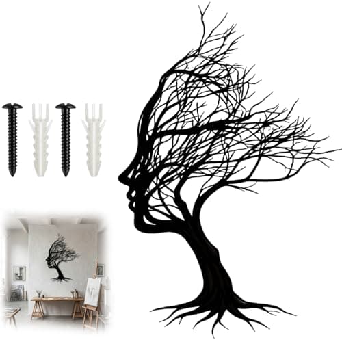 Image of QhgPnt Black Wall Art, Metal Wall Art for Living Room, Tree of Life Wall Art, Tree of Life Women Face Wall Hanging Sculpture, Modern Black Wall Art for Living Room (30x21cm)
