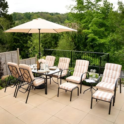 Image of Hectare 6 Seater Metal Garden Furniture Outdoor Dining Set with Footstools and Side Table in Beige Stripe