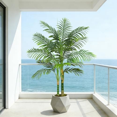 Image of TXABL 5FT Artificial Golden Cane Palm Tree, Large Artificial Plants with Black Planter, 150cm Tall Fake Tropical Palm Plant for Indoor Outdoor Living Room Patio Poolside Office Home Decor