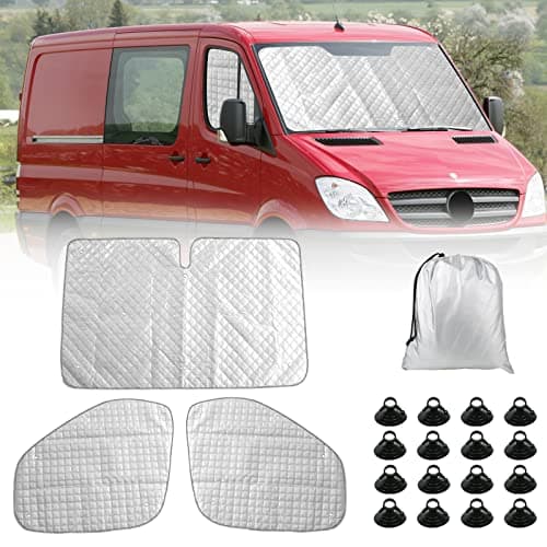 Image of Opaltool Internal Thermal Windscreen Covers for Mercedes Sprinter (906) NCV3 2006-2018, 3PCS Waterproof UV-Proof Internal Thermal Blind Set with Black Back, Foldable Screen Cover Silver Blind Wrap