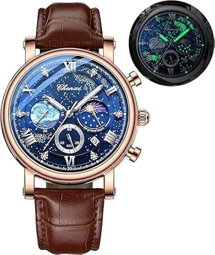 Image of Tiong Classic Multifunctional Analogue Men's Watch, Luminous Time Watch, Starry Sky Moon Phase, Moon Phase-01