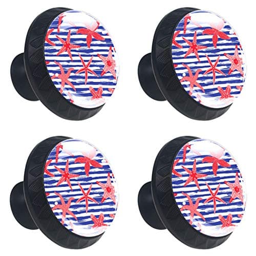 Image of Stripe Red Star Drawer Knobs Set of 4 - Multi Color Cabinet Kitchen Glass Drawer Knob and Decorative Wardrobe Pull Handle Cupboard Home Decor Drawers