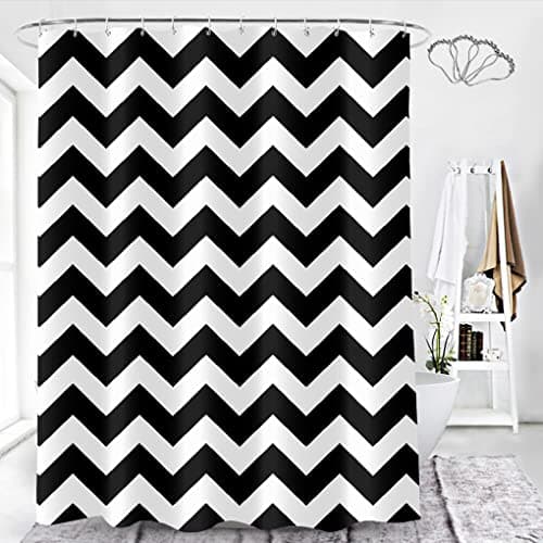 Image of DeKeLaiFu Striped Fabric Black and White Shower Curtain Set with Steel Hooks, Simple Modern Chevron Shower Curtains Bathroom Curtains Decor Mould Proof Resistant Weighted Waterproof, 180x180 cm