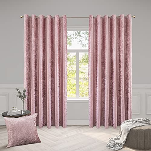 Image of ROOEE Luxury Crushed Velvet Curtains PAIR Fully Lined Eyelet Ring Top For Bedroom, Living Room, Kitchen, Office (Blush Pink, 66" Wide x 72" Drop)