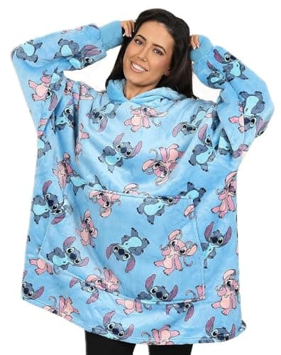 Image of Disney Lilo and Stitch, Stitch & Angel Womens Blue Hoodie, Oversized Ladies Fleece Blanket Hoody