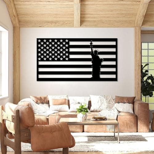 Image of OSTCAL American Flag Metal Wall Art, Statue of Liberty Metal Wall Art, Statue of Liberty Metal Wall Decor, Metal Wall Art, Patriot Gift, Wall Decor for Living Room, Bedroom (Black, 30"x16" | 76x41cm)
