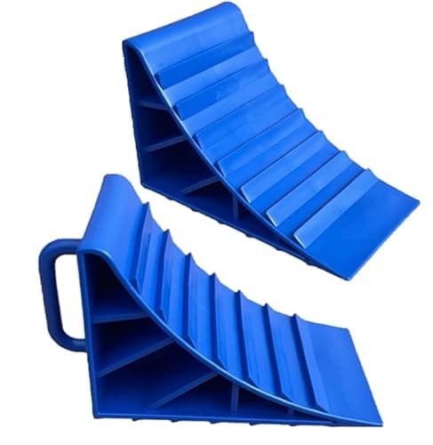 Image of HowseHold Wheel Chocks With Handles Set of 2 Tyre Saver Brake Stoppers Ridged Wedges for Cars Caravan Horsebox Motorhome (2 Blue Wheel Chocks)