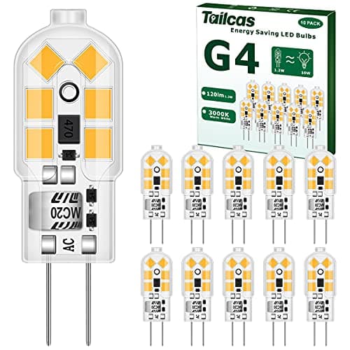 Image of Tailcas G4 LED Light Bulb 12V, 1.2W Equivalent 10W G4 Halogen Lamps, Warm White 3000K, 120LM, No Flickering Energy Saving Capsule Bulb for Chandelier, Wall Sconce(10PCS)