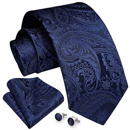 Image of Enlision Mens Tie Navy Blue Paisley Ties and Handkerchief Cufflinks Set Woven Necktie for Wedding Party