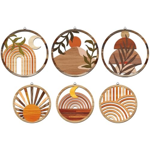 Image of twinklemon 6 Pcs Bohemian Wooden Wall Art, Boho Farmhouse Geometric Hanging Wall Decor, Abstract Botanical Moon&Sun Round Wooden Sign with Hooks for Living Room Bedroom Office Hallway and Stairs