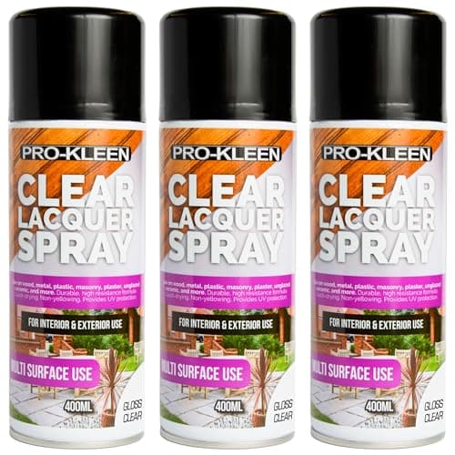 Image of Pro-Kleen Clear Lacquer Spray - Protects and Seals - for Metal, Wood, Plastics & Ceramics - Fast Drying Formula for Interior and Exterior Surfaces - Clear, Durable & Flexible - (Gloss, 3 x 400ml)