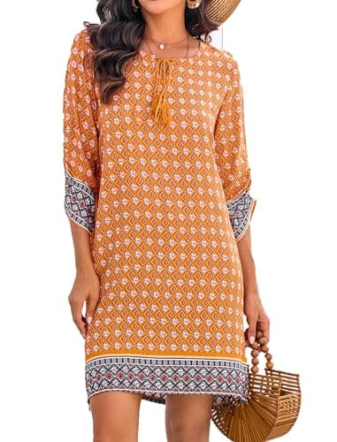 Image of Zeagoo Women Summer Dresses Boho Floral 3/4 Sleeve Ladies Casual Beach Midi Dress Orange L