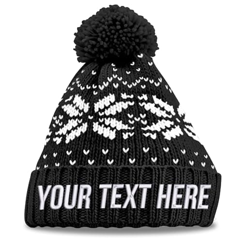 Image of Purple Print House Personalised Fair Isle Christmas Knit Pom Pom Beanie Custom Text Embroidery Bobble Hat Xmas Theme Pattern Winter Men Women, One Size, Black/White