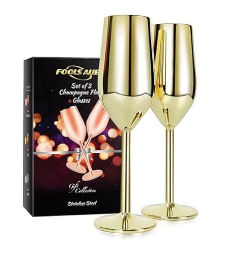 Image of FOOLS ALIBAI 2 Pack Stainless Steel Champagne Glasses, 8oz Elegant Stainless Steel Champagne Flutes, Stemmed Unbreakable Champagne Glasses for Party Wedding Christmas Anniversary, Gold