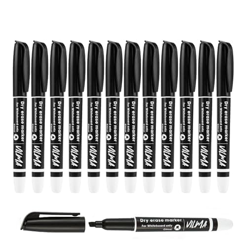 Image of VILMA Black Whiteboard Pens 12 Pack, Professional Chisel Tip Dry Wipe Pens Markers for Home and Office, Low Odor and Non-Toxic, Clean Erase Bulk Pack Deep Black Ink