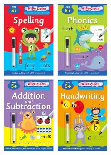 Image of Anila's Wipe-Clean Set of 4 Books: Spelling, Phonics, Handwriting & Addition and Subtraction. Ideal for Children Aged 5-7 Years, Preschool and School.