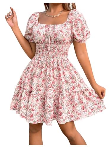 Image of GORGLITTER Women's Floral Milkmaid Dress Summer A Line Ruffle Mini Dress Square Neck Puff Sleeve Smocked Flowy Dresses Pink M