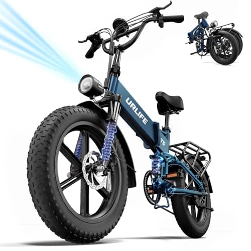 Image of URLIFE Folding Electric Bike, 20 * 4.0 Inch Fat Tire E-Bike for Adult 48V 13AH Removable Battery, 80-100KM Long Range, Full Suspension for All Terrains, Electric Mountain Bike with LED (BLUE)