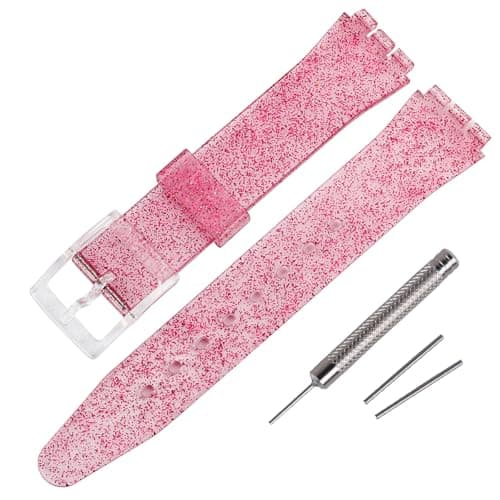 Image of Rihahisy Silicone Rubber Watch Strap/Watch Band Replacement for Swatch (19mm, Sparkle Fuchsia)