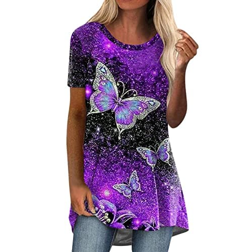 Image of Women Ladies Oversized Butterfly Love Heart Print Short Sleeve T-Shirt Top Cotton Tee for Casual Wear Plus Size 8-22 Quick Dry Fitness Athletic Exercise Teeshirts Workwear (Purple,XL)