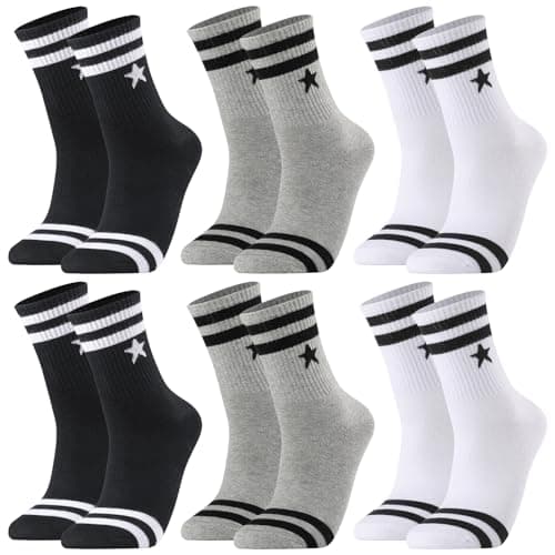 Image of Zuimei 6 Pairs Boys Sport Socks, Kids Crew Socks Girls Black White Grey Ankle Cotton School Athletic Sock 10-15 Years