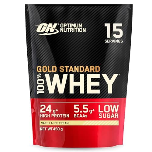 Image of Optimum Nutrition Gold Standard 100% Whey Muscle Building and Recovery Protein Powder With Naturally Occurring Glutamine and BCAA Amino Acids, Vanilla Ice Cream Flavour, 15 Servings, 450 g