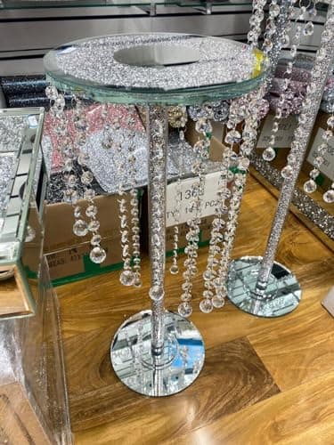 Image of DEENZ Round Top End Table Crush Diamond Silver Mirrored Side Table Modern Glass Stand Sparkle Crystal Home Decor (60x25 CM)