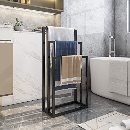 Image of HOJINLINERO 3 Tier Freestanding Towel Rail Rack Stand,Metal Holder and Drying Bathroom Kitchen,Towel Ladder Towelsor Clothing,Bath Storage & Hand Towels,Washcloths, Black