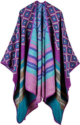 Image of Womens Reversible Oversized Blanket Poncho Cape Shawl Cardigans (One Size, Lattice stripes/Peuple)