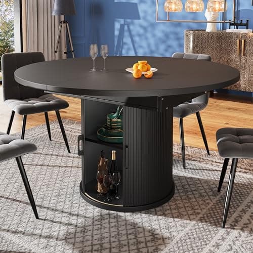 Image of Miyemo Extendable Round Dining Table, 118-158 cm Oval Kitchen Dining Room Table with Storage for 6 People, Extends to Oval, for Home & Living Room, Black