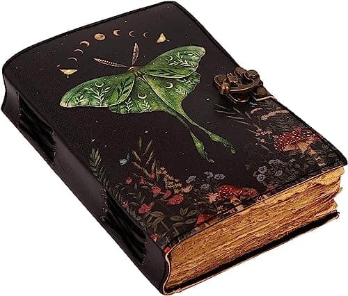 Image of Blank Spell Book of Shadows Journal with Lock Clasp Vintage Handmade Leather Luna Moths and Morpho Butterfly Print Diary Prayer Pagan Witchcraft Supplies Wiccan Decor notebook daily (7x5 Inch)
