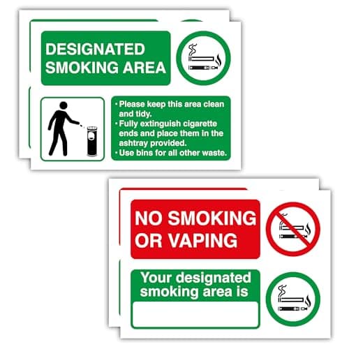 Image of Designated Smoking Area & No Smoking Signs Stickers – 4 Pack, A5 Self-Adhesive labels for Workplace & Outdoor Use
