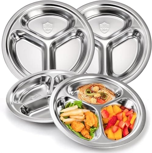 Image of Hacaroa Set of 4 Stainless Steel Round Divided Plates, 20 cm Dinner Plates 3 Sections Metal Food Tray, Unbreakable Snack Serving Platter for Fruit, Vegetable, Chips