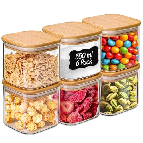 Image of ComSaf 550ml Glass Jars with Lids Set of 6, Square Storage Containers with Bamboo Lid, Small Storage Jar with Lid Airtight, Spice, Herb, Tea Coffee and Sugar Canister Set for Kitchen