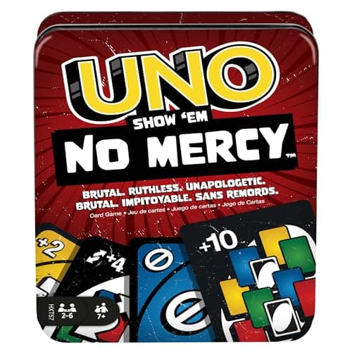 Image of Mattel Games UNO Show ‘em No Mercy Card Game in Storage & Travel Tin for Kids, Adults & Family Night with Extra Cards, Special Rules & Tougher Penalties, HXT57
