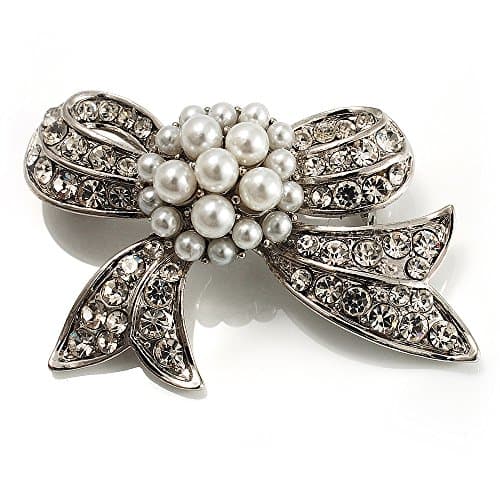 Image of Small Crystal Faux Pearl Bow Brooch