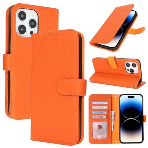 Image of Zouzt Case for iPhone 14 Pro 6.1" Genuine Leather Wallet Case with 4 Card Slot, RFID Blocking Card Holder Magnetic Flip Folio Kickstand Shockproof Phone Cover Women Men - Orange