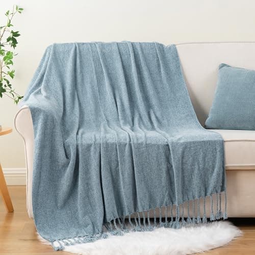 Image of BATTILO HOME Dusty Blue Throw Blanket for Bed, Soft Cozy Chenille Throw Blanket with Fringe Tassels, Lightweight Knitted Throws for Sofa Home Decor, 130×150cm