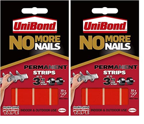 Image of Unibond No More Nails Permanent Strips, Adhesive Strips for Fast & Easy Mounting, Double Sided Sticky Tape for Interior & Exterior Use, Waterproof Tape, 10 Count, 2 Pack