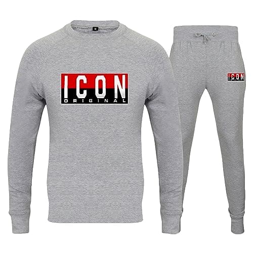 Image of Men’s Tracksuit Sets Fleece Top Bottoms Jogging Joggers Gym Casual Exercise Running Sweat Suit Pants Men Round Crew Neck Icon Full Tracksuit Set Stretchable (UK, Alpha, M, Regular, Regular, Grey)