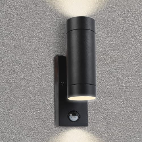 Image of JANDT Lighting Outdoor Garden Wall Light PIR Motion Sensor, Black bidirectional Up and Down Light, IP65 Waterproof, VDE Certificated GU10 Lampholder, 2 x 3000K GU10 6W LED Lamps Included