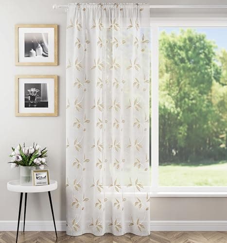 Image of Tyrone Textiles Oasis Natural Voile Curtain 55 x 48 Inch (140 x 122cm) Rod Pocket Embroidered Leaf Design Single Voile Panel Sheer Curtains for Living Room, Bedroom & Patio Door