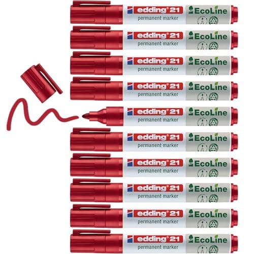 Image of edding 21 Ecoline Permanent Marker - red - Box of 10 - Round tip 1.5-3 mm - Waterproof, Quick-Drying, Smear-Proof pens - for Cardboard, Plastic, Glass, Wood, Metal and Fabric - refillable