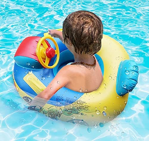 Image of Toddlers Kid Inflatable Swimming Float Pool Seat Boat Cute Car Baby Floatie Safe Seat Swim Ring with Steering Wheel Lake Float Raft Air Bed Floating Mattress for Girls Boys 1-5 Years
