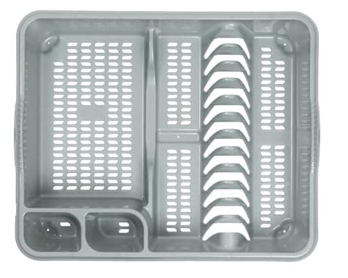 Image of Homey Mart Large Dish Drainer Rack with Cutlery Holder – Strong Plastic Plate Drying Rack Holds Up to 12 Plates – Kitchen Sink Drainer Tray, Durable & Easy Clean – Grey/Silver 46.5 x 38 x 9 cm